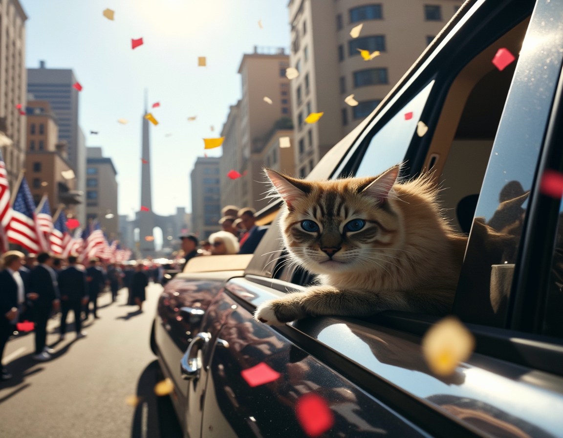 Cat in a celebratory motorcade, enjoying the confetti and cheering crowds during the inauguration parade.